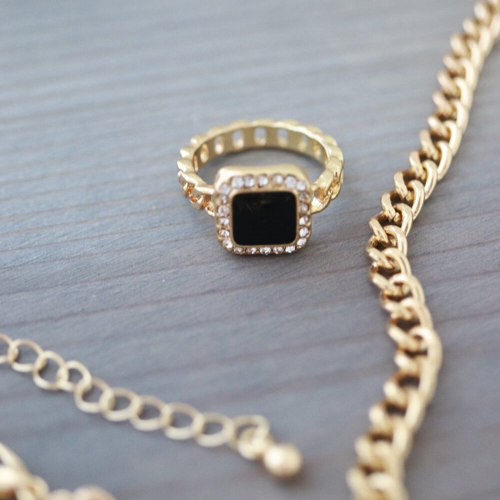 Black Square Halo Style Cuban Chain Ring 18k Gold Plated